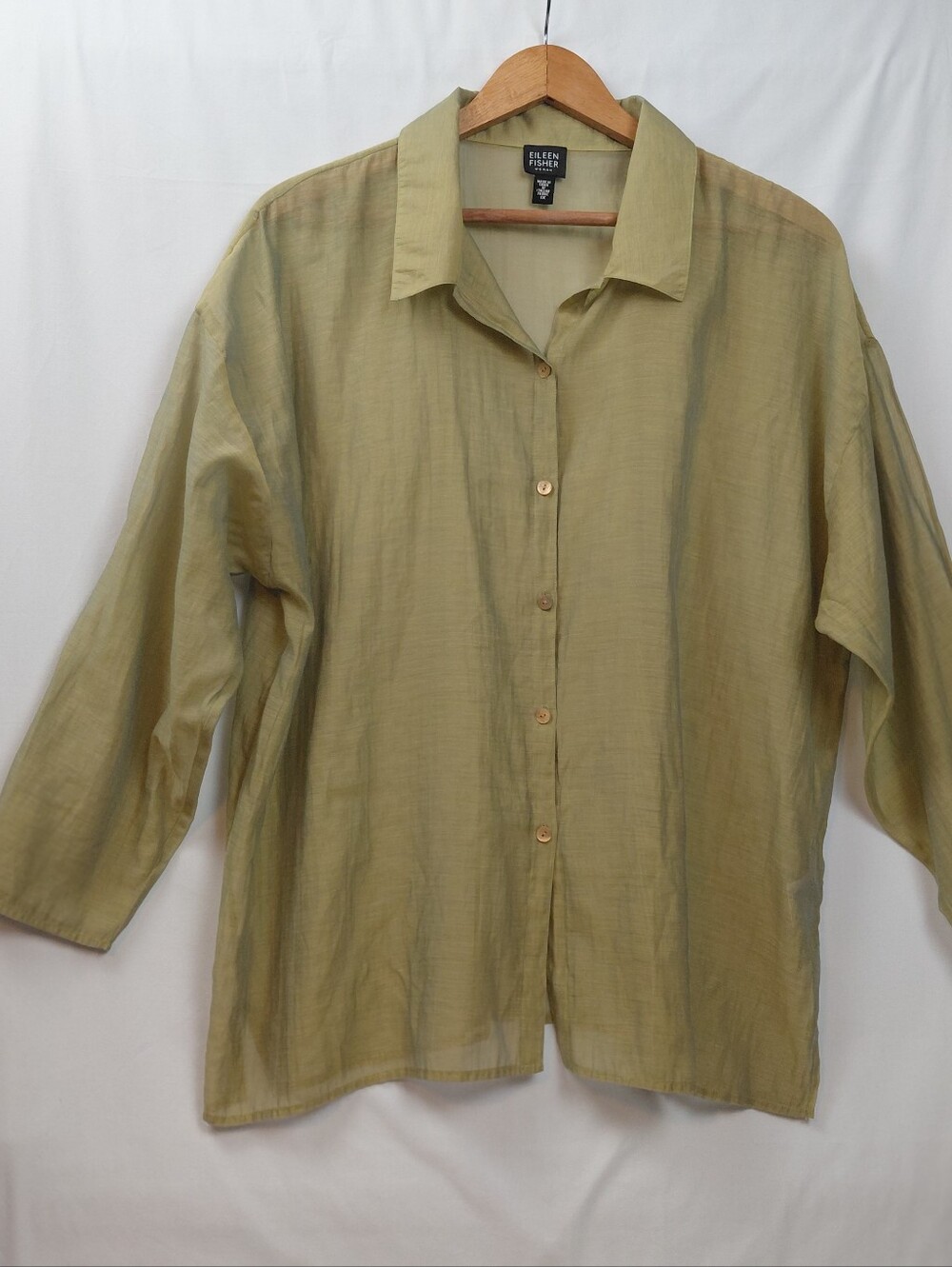 Eileen Fisher Woman Cotton Nylon Sheer Blouse Size 1X Olive Green